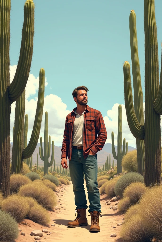 A Northeastern man behind some cacti and a desert 