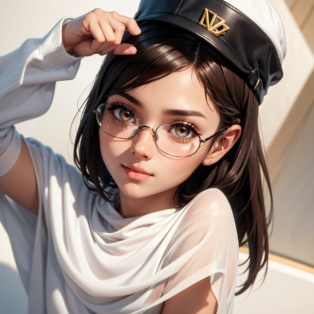 Oval-shaped male face with soft, smooth skin and warm golden brown skin tone, adorned by a pair of large expressive brown eyes, sparkling with curiosity, wearing a pair of square glasses with smooth edges. corner, on top is a short, neat black hairstyle, partially covered by a black baseball cap with a slightly curved brim, with the letters GALER VODGAL in the middle in white, worn at a small angle, creating a shadow on the forehead and a black mask covering the nose and mouth, with delicate folds at the edges, creating the impression of a gentle smile, creating a sense of playfulness and mystery.