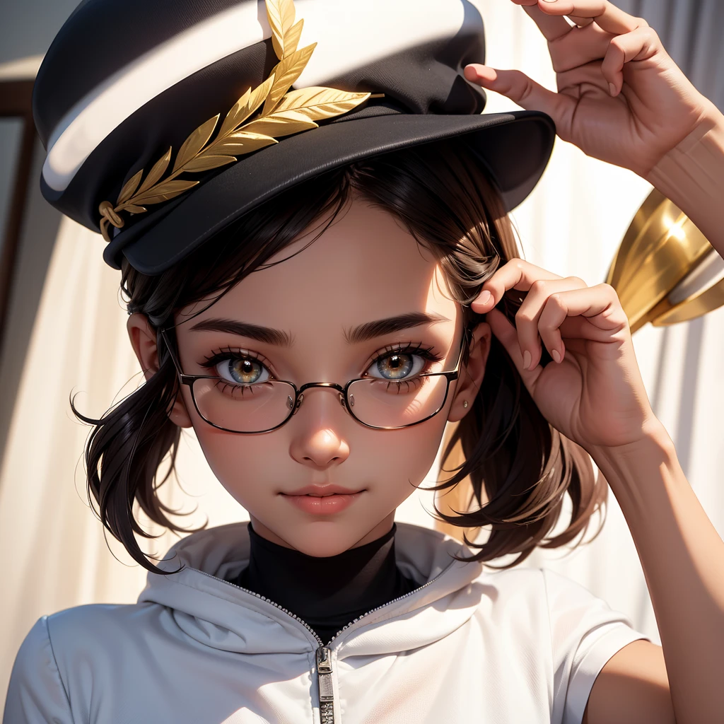 Oval-shaped male face with soft, smooth skin and warm golden brown skin tone, adorned by a pair of large expressive brown eyes, sparkling with curiosity, wearing a pair of square glasses with smooth edges. corner, on top is a short, neat black hairstyle, partially covered by a black baseball cap with a slightly curved brim, with the letters GALER VODGAL in the middle in white, worn at a small angle, creating a shadow on the forehead and a black mask covering the nose and mouth, with delicate folds at the edges, creating the impression of a gentle smile, creating a sense of playfulness and mystery.