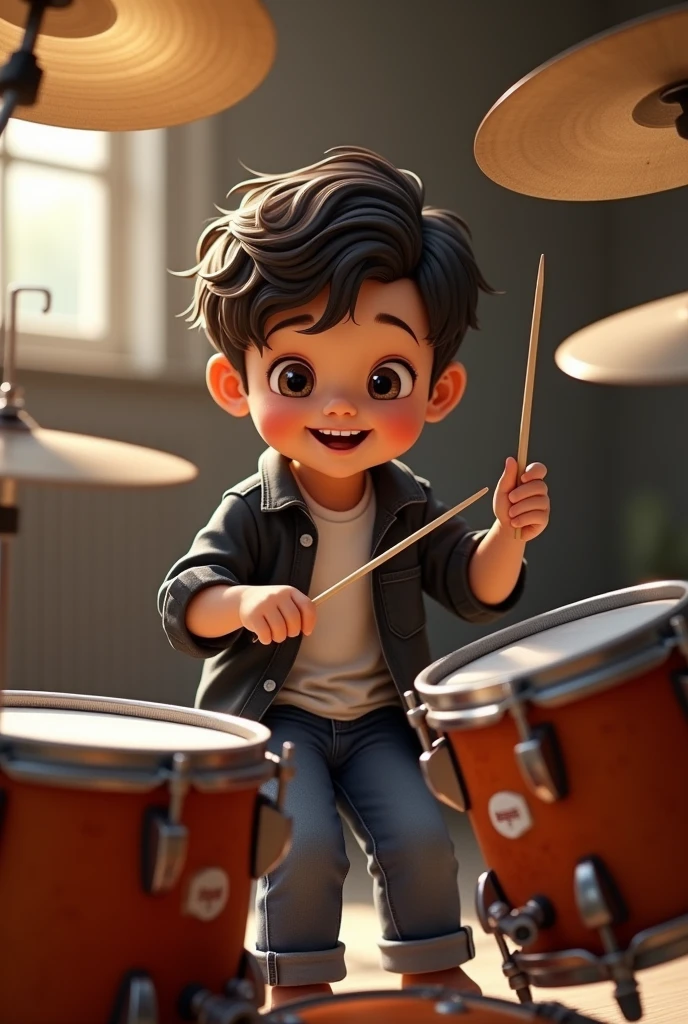 three-year-old playing a full drum set. skin fair, dark wavy social hair, dark brown eyes, Round face, jeans, open black shirt and white shirt