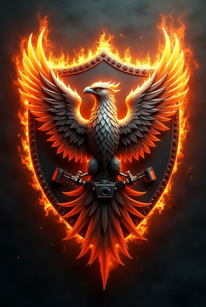 Phoenix logo with motorcycle pistons motorcycle chain necklace on a shield with fire