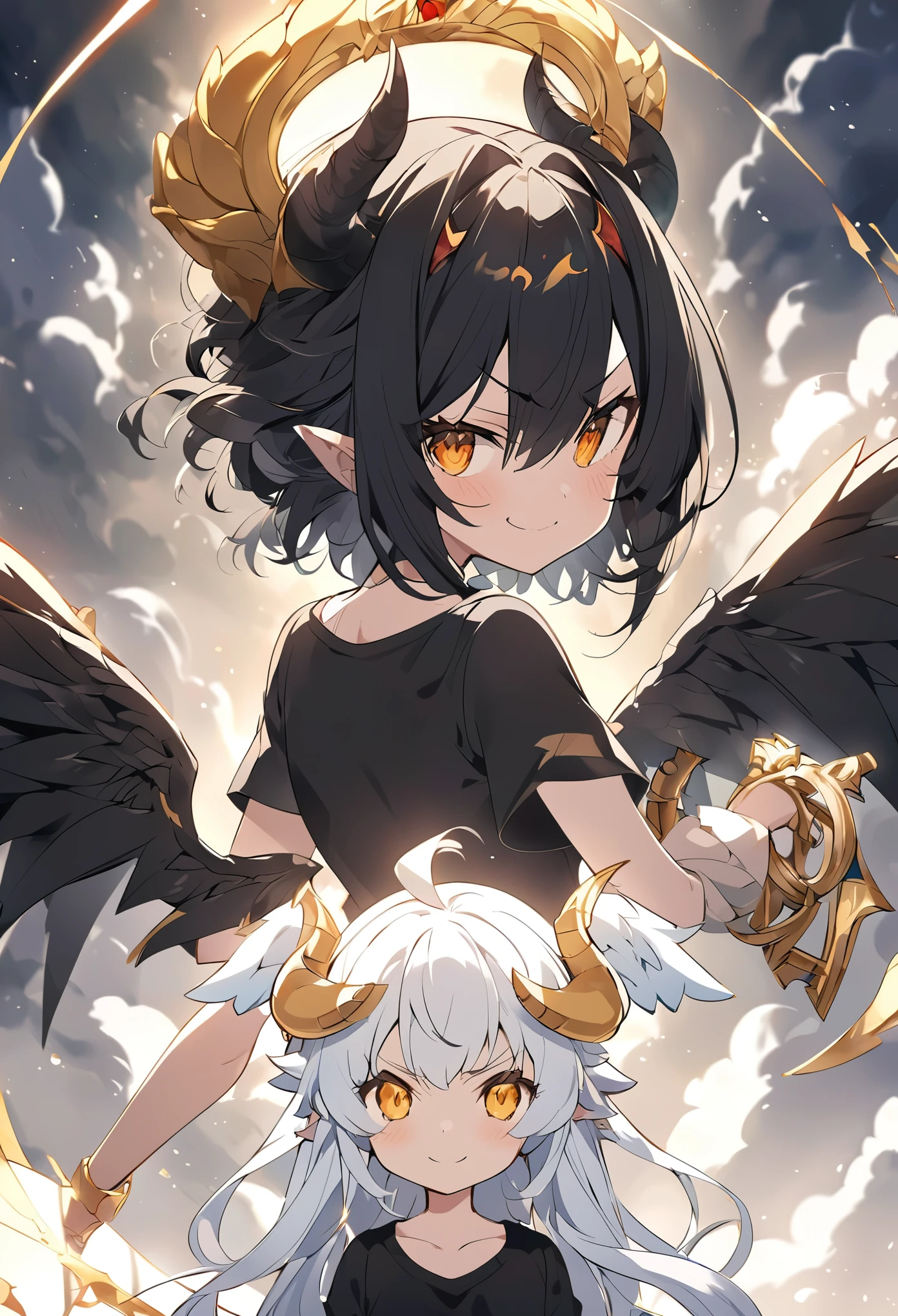 Please generate an anime-style illustration of an angel and a devil divided vertically into two. On the left is a cute angel girl. The angel girl is wearing a white T-shirt. Large white wings grow from the angel girl's back. Angel girl is smiling. A golden angel ring floats above the angel girl's head. On the right is a beautiful demon girl. The devil girl is wearing a black T-shirt. The devil girl has two horns on her head. A black devil ring floats above the devil girl's head. The devil girl has a devil's tail. Large black wings grow from the devil girl's back. The devil girl is cute and angry. Please make it look like the key visual of the anime.