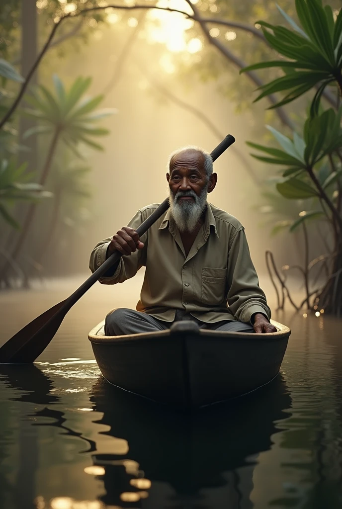 ( photo realism 1.2) photo realistic high detailed old Malay male at mangrove swamp paddling dugout canoe cinematic view dramatic view morning mode fogs effect pandanus tree sunlight effect view of black water lepironia articulate pandanus helicopus