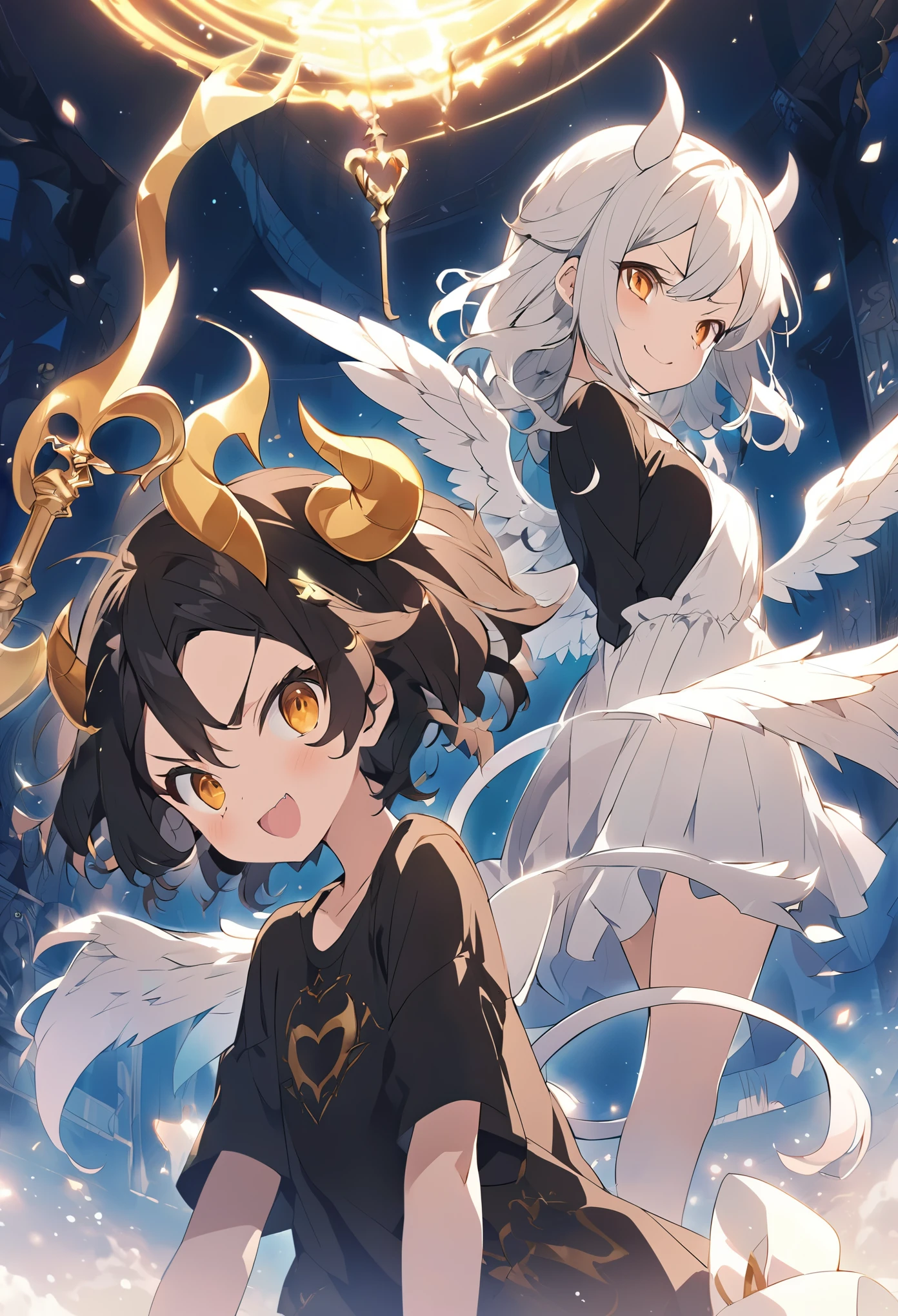 masterpiece, Highest quality, Very detailed, Anime Style, カオスデーモンガールのwhole body, As if smoke and shadows were given shape, Huge horns and huge wings, Shadow Sword and Shadow Claw, Supernatural Lightning and Fire, ((Eight-pointed star symbol)), 8K high resolution, Trend Art Station, White Background, whole body, Victory smile