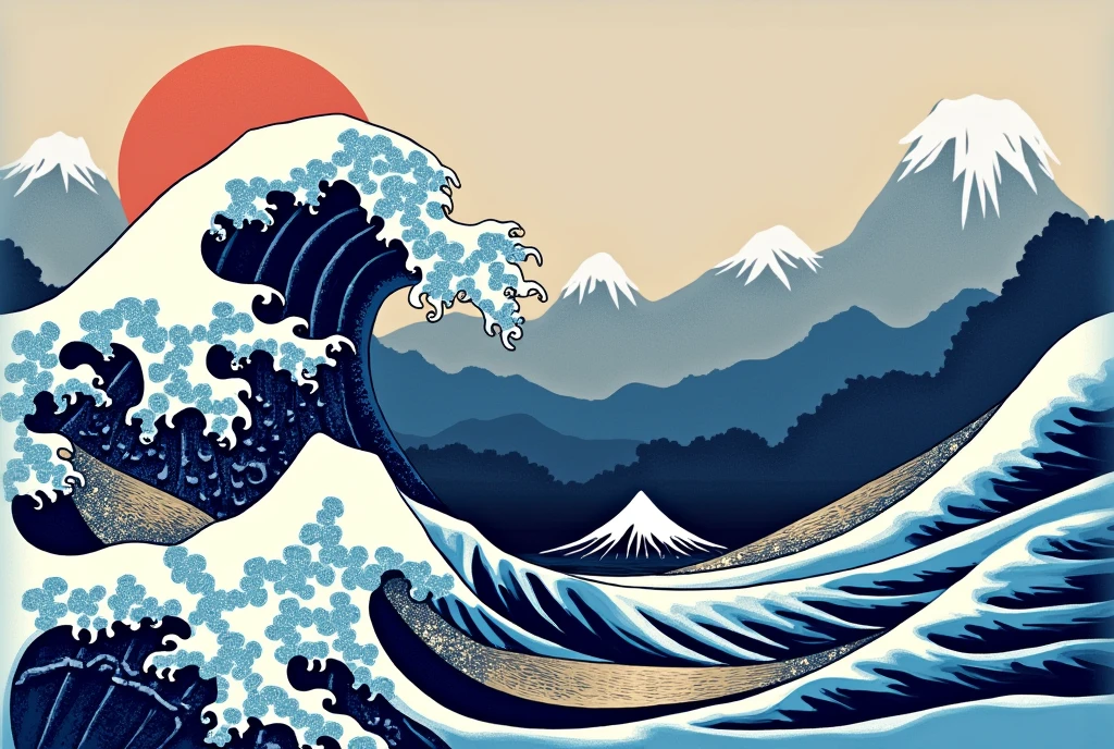 Traditional Japanese Pattern Detailed Intricate Waves Sea Mountain Sky Visually Appealing Rich Colors Deep Indigo Traditional Japanese Traditional Japanese Art Culture Challenging Satisfaction Wave Digital Art Beautiful art Digital Painting Detailed Art 4K Detailed Wave Digital Art