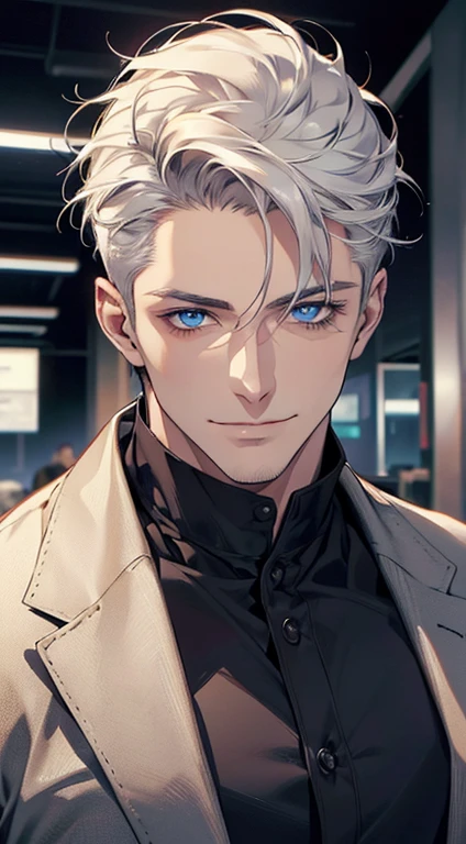 (best quality, masterpiece, 8K, photorealistic, cinematic lighting, hdr image, ultra detailed, beautiful image), 1 man, 31 years old, mature man, very handsome, (without expression, smile), short white hair, blue eyes ( penetrating gaze), perfect face without errors, imposing posture, without errors, businessman, office background