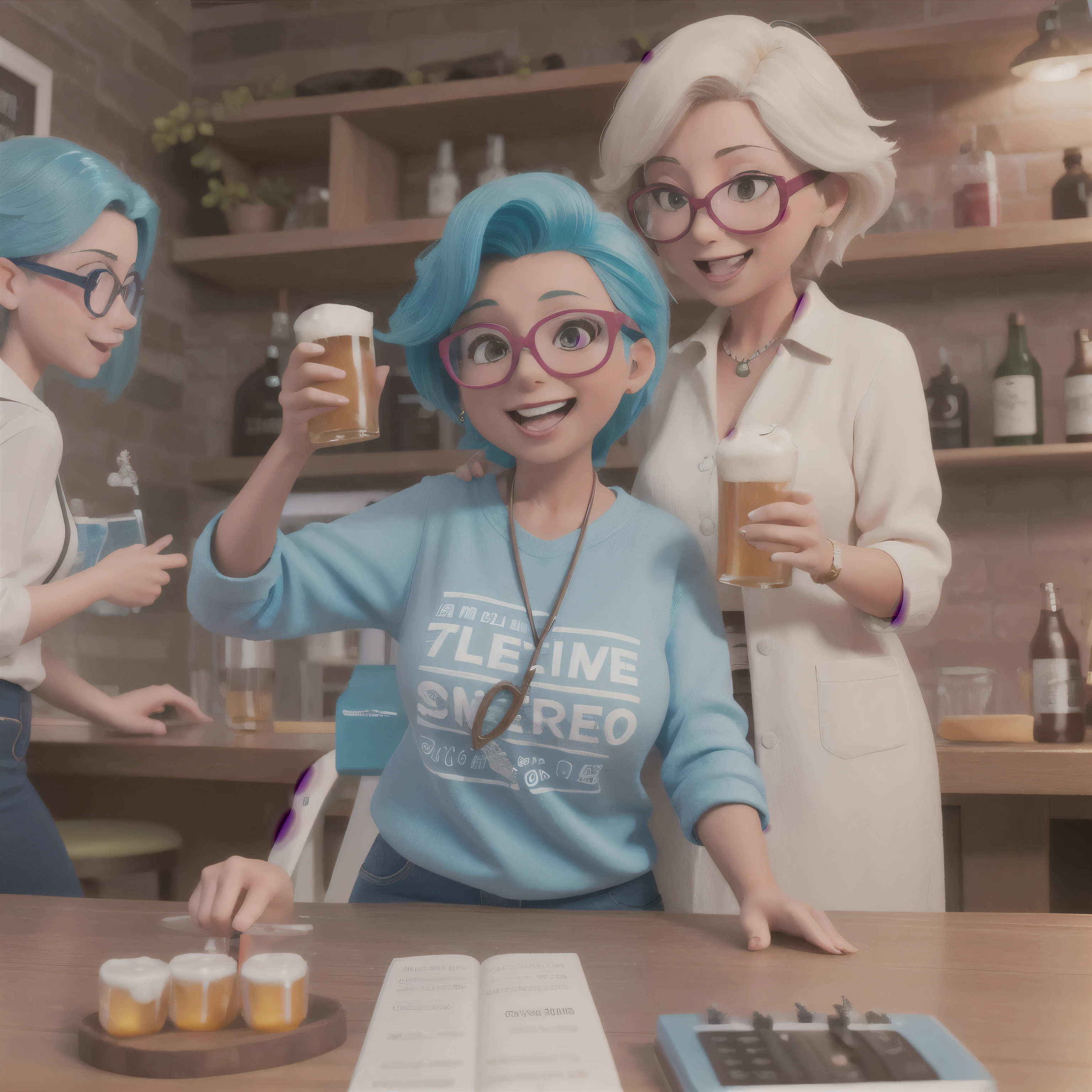 Create a feminine image of a 65-year-old woman, funny to use in Instagram images with motivational phrases in vibrant colors .She is a woman with medium hair, eyes large , wears prescription glasses , she and 2 other friends in their 40s, They are 50 years old and at a bar, drinking beer with glasses in their hands. They are laughing and having fun with music.