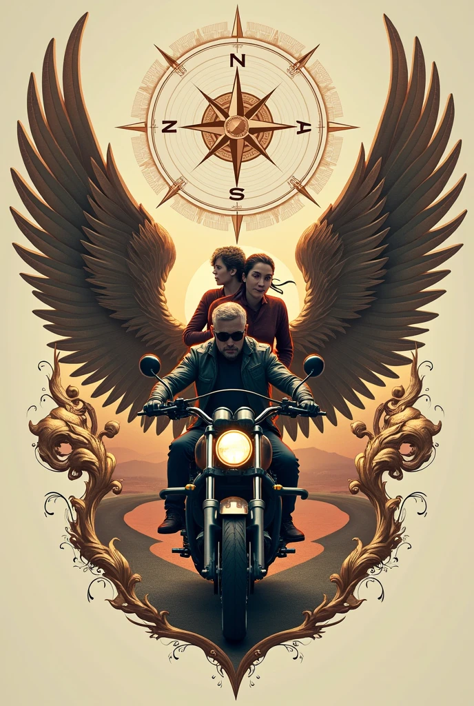 Montage of a coat of arms with a couple on a motorcycle, wings, a compass, A road