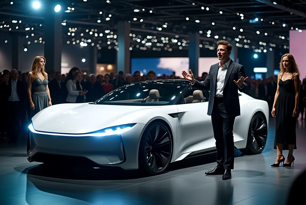Photo shoot of the launch of an advanced concept car at a motor show, with a CEO like Elon Musk giving a presentation and several beautiful companion girls standing around the car