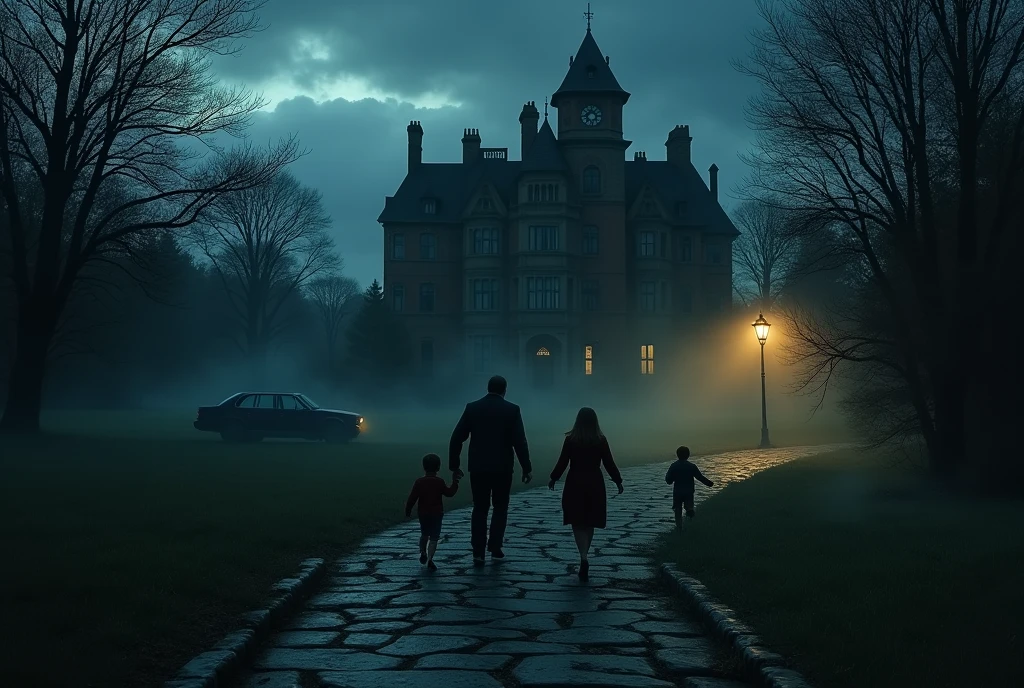 Depict a dark and intense scene of a man urgently running with his wife and children through the vast grounds of a grand, ominous mansion. The night is pitch black, with only the dim, flickering light of a distant streetlamp casting eerie shadows on the overgrown lawn and crumbling stone pathway. The mansion looms in the background, its tall, gothic architecture silhouetted against a stormy sky. The man’s face is etched with fear and determination as he clutches the hand of his wife, who holds their youngest , while their older children struggle to keep up, their expressions filled with terror. In the distance, the family’s car waits, half-hidden by the dense, foreboding trees that encircle the estate. The scene is filled with tension and desperation, with a heavy, oppressive atmosphere that suggests they are fleeing from something unseen and terrifying within the dark confines of the mansion.