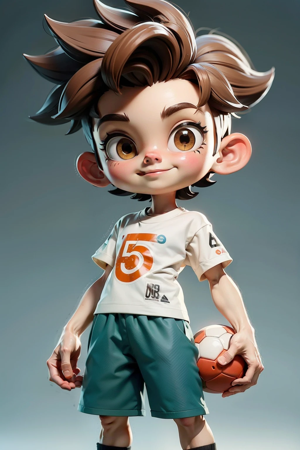 A chibi boy,Playing football,Wearing a light-colored athletic T-shirt and shorts,Light brown hair,Very rich facial details, looks very sunny,Refreshing,Cheerful,vitality, Super detailed characters, Background solid color,Show your whole body,Highly Authentic, 4K, Chiaroscuro, Ultra-high detail,Rim Light,Gloss,UE5