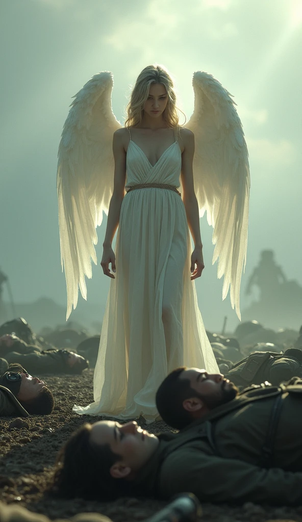 A beautiful angel gently watches over the fallen soldiers.