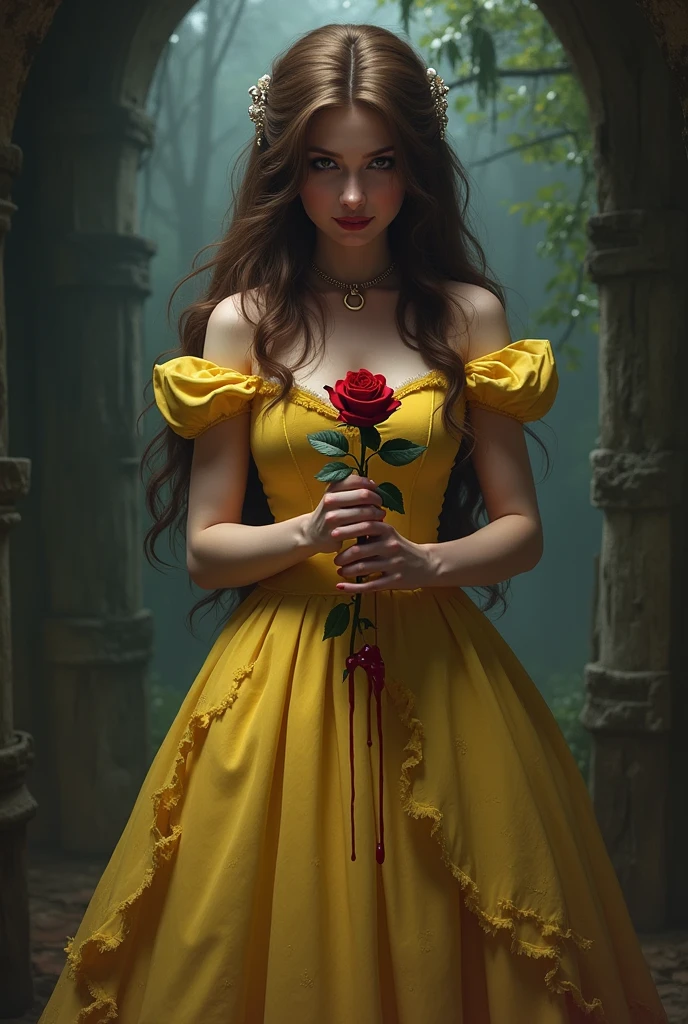 "Bella" de la Bella y la bestia, villain version, with yellow and orange colors, long yellow dress "leafy" -not much- and with gloves,whites, Brown hair, loose, disheveled, And a flower "rosa" with red glow, In your hands. More a smile between her lips, and a lot of black makeup running from her eyes.