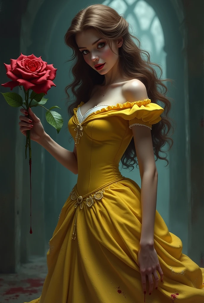 Beauty and the Beast,Princess Belle,Yandere,The skirt is torn,Tearing,looking down with a mischievous smile,Dark and spooky,yellow skirt,Brown hair,real,Holding a crimson rose, dripping with blood.