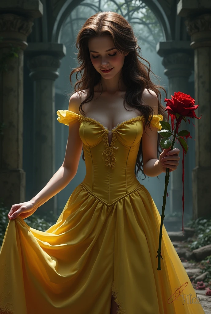 Beauty and the Beast,Princess Belle,Yandere,The skirt is torn,Tearing,looking down with a mischievous smile,Dark and spooky,yellow skirt,Brown hair,real,Holding a crimson rose, dripping with blood.