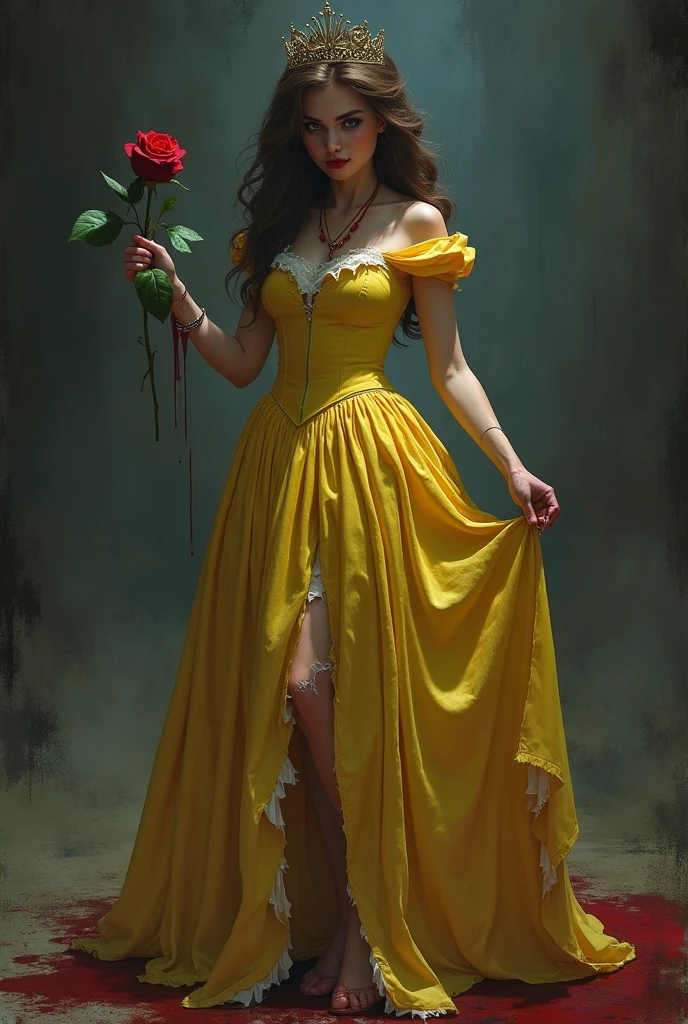 Beauty and the Beast,Princess Belle,Yandere,The skirt is torn,Tearing,looking down with a mischievous smile,Dark and spooky,yellow skirt,Brown hair,real,Holding a crimson rose, dripping with blood.
