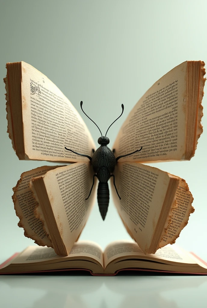 Give me a butterfly whose wings are made of book on the inside., that it is facing forward with its wings open
