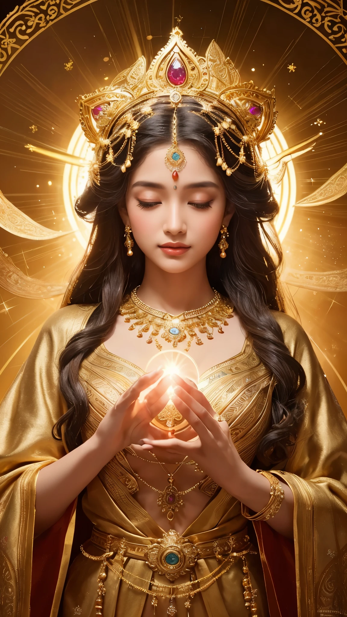 Depict a majestic goddess statue. The goddess is adorned in golden ornaments and is holding divine light in her hands. Her expression is serene and full of compassion, with intricate jewels and decorations scattered throughout her hair and garments. The background is surrounded by mystical circular patterns and a halo of light, creating an overall atmosphere of mystique and sanctity.