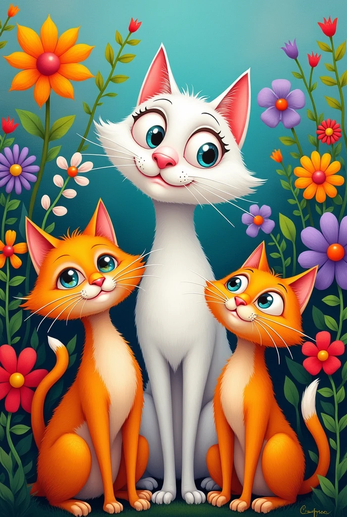 Make me a design to paint a picture, caricature style, from a white cat, a calico cat, an orange cat and another orange cat, with flowers and vibrant colors 

