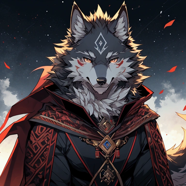 anthropology, Beast field, male, Solitary((Wolf) Fluffy fur, Fluffy), Delicate face, Delicate eyes (Looking at the audience), 灰Wolf兽人,Black highlights on face。Red pattern on the face。Black cape。
