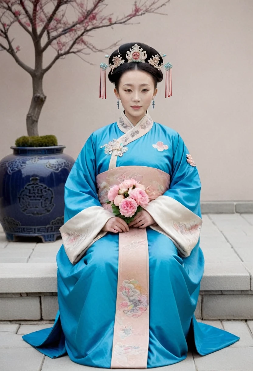 Full-length front view of a Qing Dynasty empress in a Chinese palace during the Qing Dynasty. She is naked and has large breasts. She is wearing a crown and a flower hairpin.、. The background is the stone paving of a Chinese palace during the Qing Dynasty..