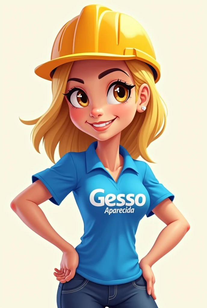 I want a mascot that is a blonde girl with shoulder-length hair, eyes browns, chestless, blue blouse with "Gesso Aparecida" written in white, construction hat and pointing with her hands to something on her right