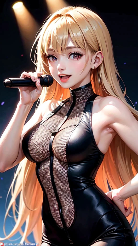 Blonde long hair high school girl,Red eyes, smile,Live Announcement Poster,Large logo on poster"Lumina Live",Singing on stage,Bust Shot
