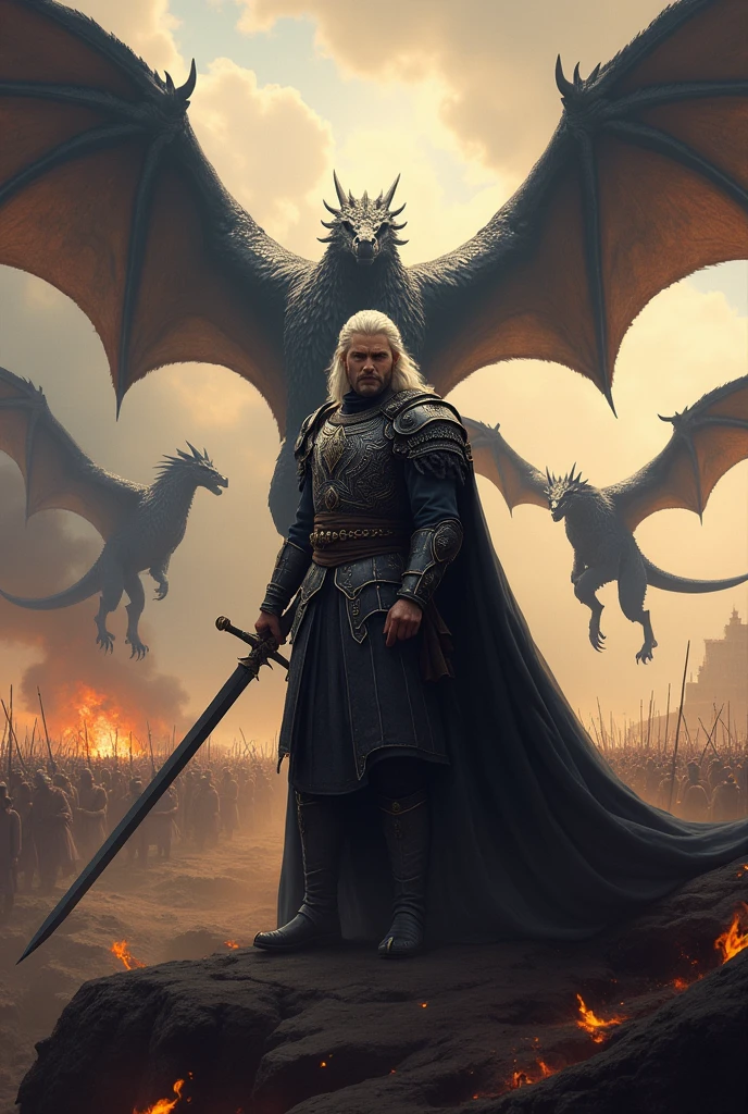 Make a detailed image of *aegon targaryen*, a white haired warrior, on battlefield, with his dragon flying in the sky 