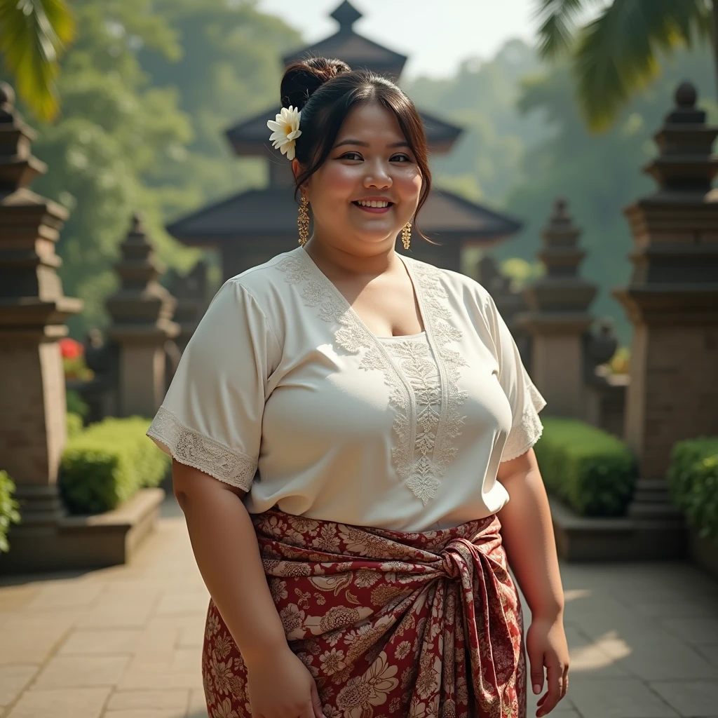 (hyperrealistic photo),(A high resolution), (ultra - detailed), beautiful indonesian woman, chubby, a jasmine flower on her ear, tied bun hair, white kebaya with inticrate details, knee-lenght batik sarong with intricate floral details, looking at the viewer, natural light, wide angle full-body shot, bali temple in the background,