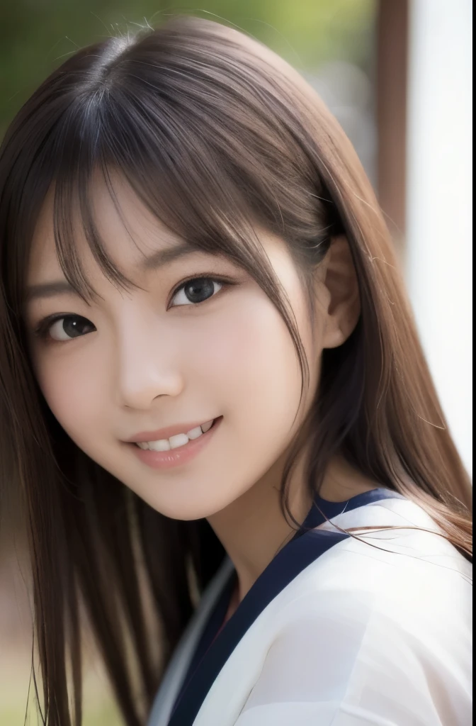 (Shinozaki Ai), best quality, face focus, soft light, ultra high res, (photorealistic:1.4), RAW photo, white skin, kawaii, 1 Japanese girl, 独奏, cute, (smile), (pupil, lights in the eyes), detailed beautiful face, Medium-sized breasts,(high resolution detail of human skin texture),(long hair),(portrait), upper body, white traditional kimono