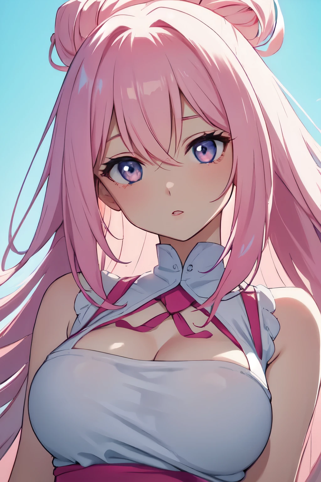 super detailed face, Completely naked, Angle from slightly above, cute, Looks embarrassed, Beginner's intention, big breasts, Look up at me, There is a mole on the chest, pink areola, Carefully draw the nipples, solid color background, pink hair