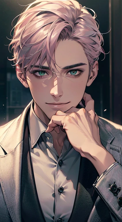 (best quality,4k,8k,highres,masterpiece:1.2),ultra-detailed,(realistic,photorealistic,photo-realistic:1.37),cinematic lighting,1:4 hdr image,a mature man, 29 years old,very handsome,cold expression smile in love, short grey pink hair, green eyes,flawless face,buttoning his jacket,CEO