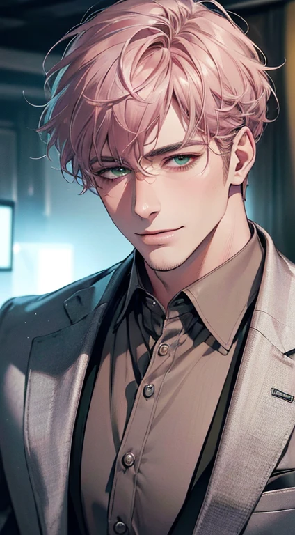 (best quality,4k,8k,highres,masterpiece:1.2),ultra-detailed,(realistic,photorealistic,photo-realistic:1.37),cinematic lighting,1:4 hdr image,a mature man, 29 years old,very handsome,cold expression smile in love, short grey pink hair, green eyes,flawless face,buttoning his jacket,CEO