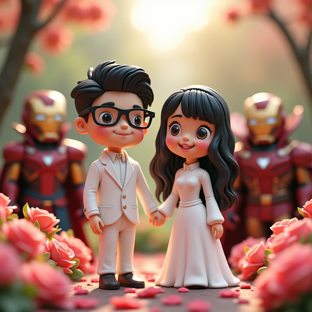 Cute clay model style，in rose garden，Young dark-haired prince wearing glasses，Wear a white suit；and elegant and beautiful，Long black wavy hair、The princess with bangs，Long-sleeved white shirt with collar，The lower body is a white long skirt，They hold hands happily。There is a group of guests behind：Iron Man，Doctor Strange，With the original Gundam。panoramic