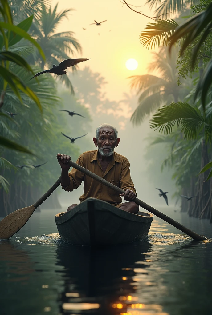 ( photo realism 1.2) photo realistic high detailed old Malay male at mangrove swamp paddling dugout canoe cinematic view dramatic view morning mode fogs effect pandanus tree sunlight effect view of black water lepironia articulate pandanus helicopus bird flying around