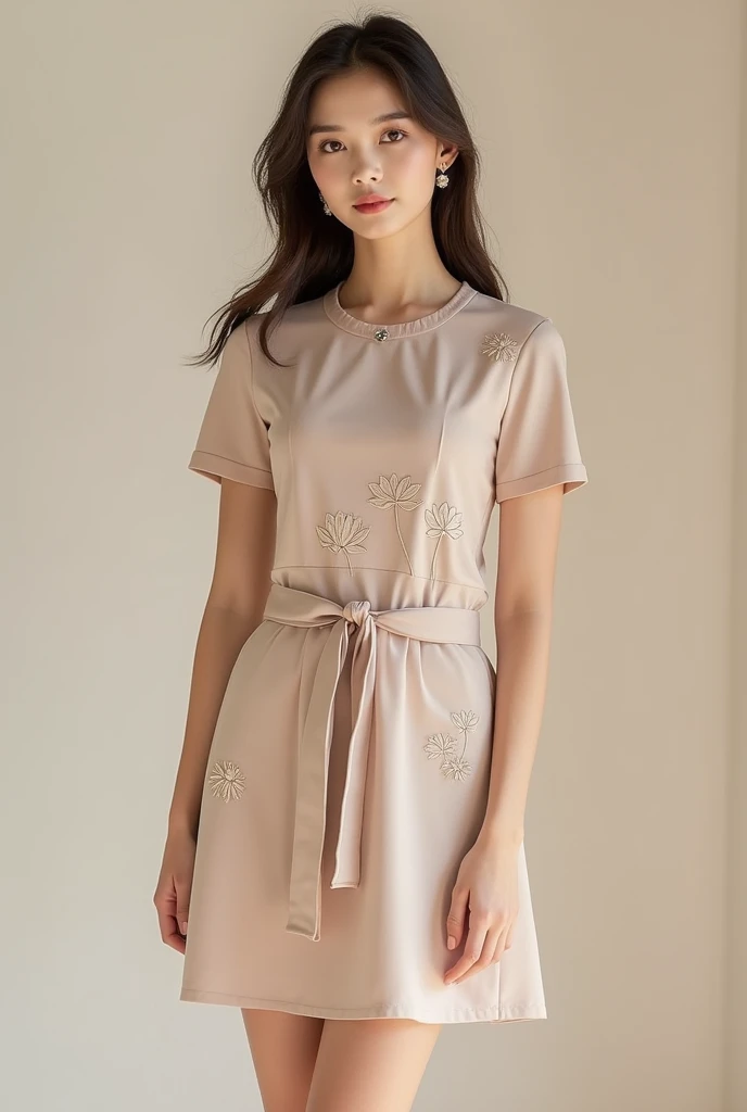 Create a high-quality image of a stylish dress designed for young women aged 20-25, featuring a dynamic and youthful style that blends modern and classic fashion elements with Vietnamese cultural influences. The dress should be versatile, suitable for both casual outings and daily workwear, with a simple yet chic design. Use a muted and refined color palette, avoiding overly bright colors. The design should be clean and minimalistic, incorporating subtle traditional Vietnamese motifs like lotus flowers or delicate embroidery. The dress should have a balanced silhouette, such as a fitted waist with a slightly flared or A-line skirt, offering comfort and effortless style. Ensure the image is captured with a high-end camera to produce sharp, detailed, and vibrant visuals.