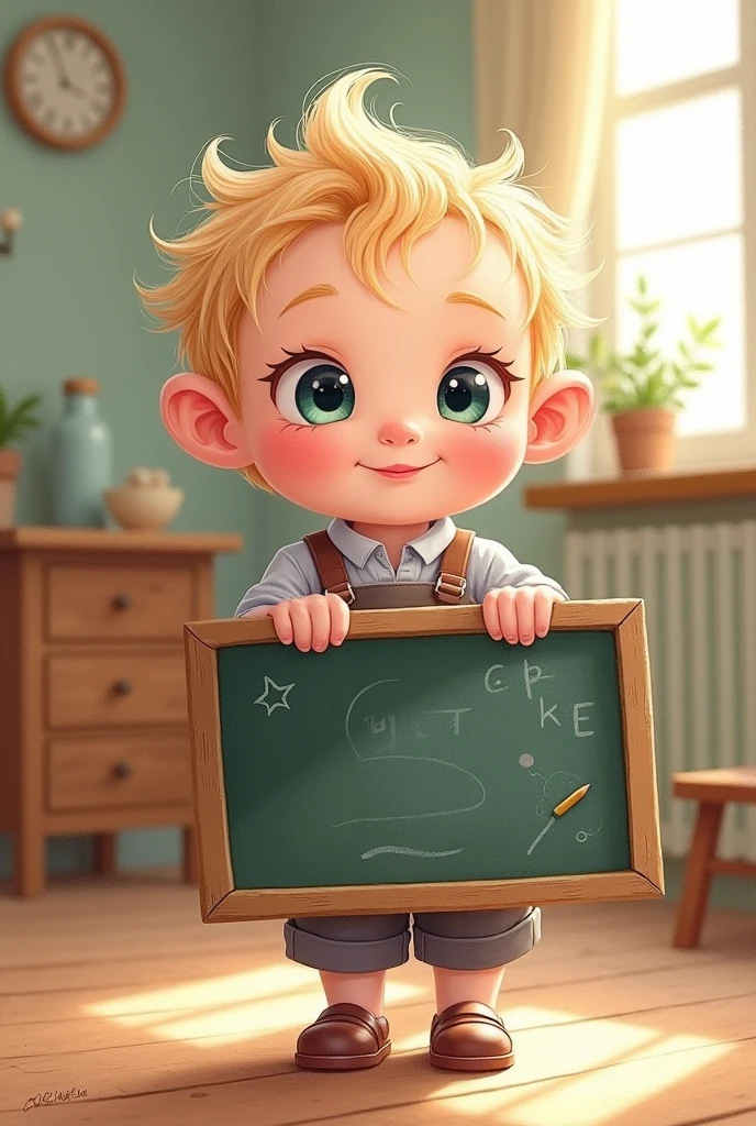 A drawing of a cute child holding a blackboard