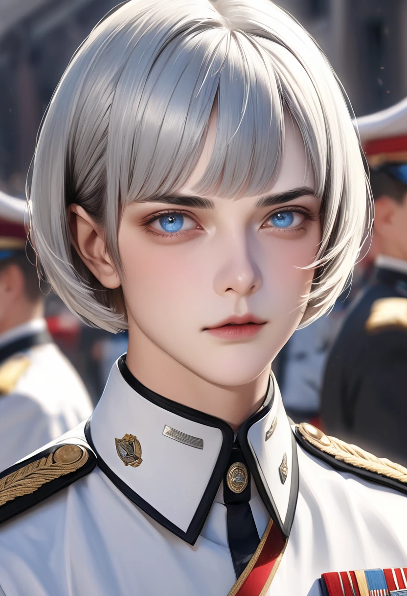 1 male Silver trimmed blunt bob cut Thin, white eyebrows Bangs cut straight above the eyebrows Light blue eyes Black and white uniform Military parade square Realistic