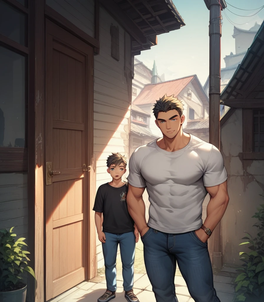 Nfsw, 1 muscle man, handsome face, anime face, 1 handsome looking young man, difference size, difference age,detail face, jeans pant,best quality, masterpiece, detail face, at front door of abandoned building,