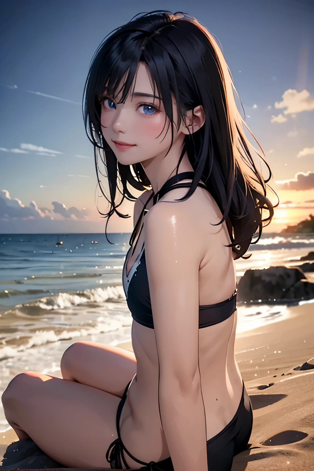 masterpiece, best quality, ultra detailed, highres, extremely detailed CG unity 8k wallpaper, perfect lighting,  very detailed background, Outdoor、beautiful and aesthetic,sharp focus, perfect face, Perfect hands、Perfect Fingers、Perfect toes、Five fingers、
1lady、 smiling、
short black hair, large blue eyes、delicate oval face、(flat chest:1.9)、Underlim figure、underboob、
Purple triangle bikini、Seaside、(Sandy Beach:1.3)、Sunset、Sunset、
thin thong、barefoot、Sitting、View your viewers、
Ambient light、Volumetric Light、shoot from side、(Glowing Skin:1.7)、