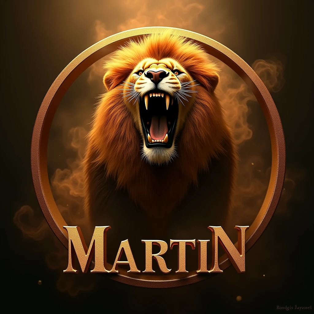 A lion roars within a circular logo. Gold lettering with a shadow reads ‘MARTIN’. 4k with smoke and orange lighting.