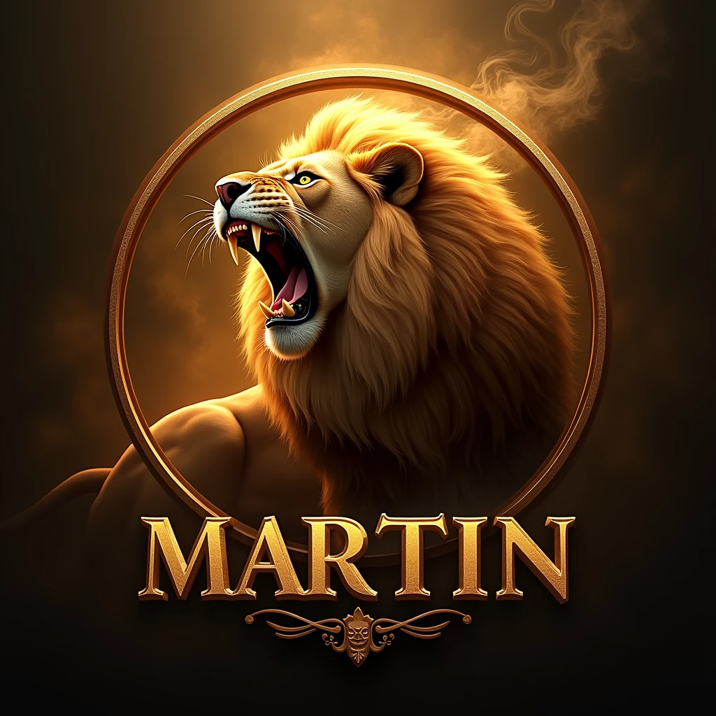 A lion roars within a circular logo. Gold lettering with a shadow reads ‘MARTIN’. 4k with smoke and orange lighting.