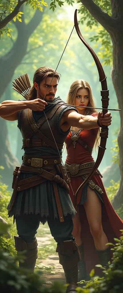 A dynamically heroic pair of archers, one clad in leather armor with a bow drawn, the other a princess with a determined expression, stand in an action pose. This 3D image captures them in a moment of intense focus and skill. Their attire is detailed with intricate designs, highlighting the craftsmanship of their outfits. The background is a lush forest scene, adding depth and realism to the image. Overall, this high-quality digital painting showcases the bravery and determination of these mythical characters, drawing viewers into their world of adventure and danger.
