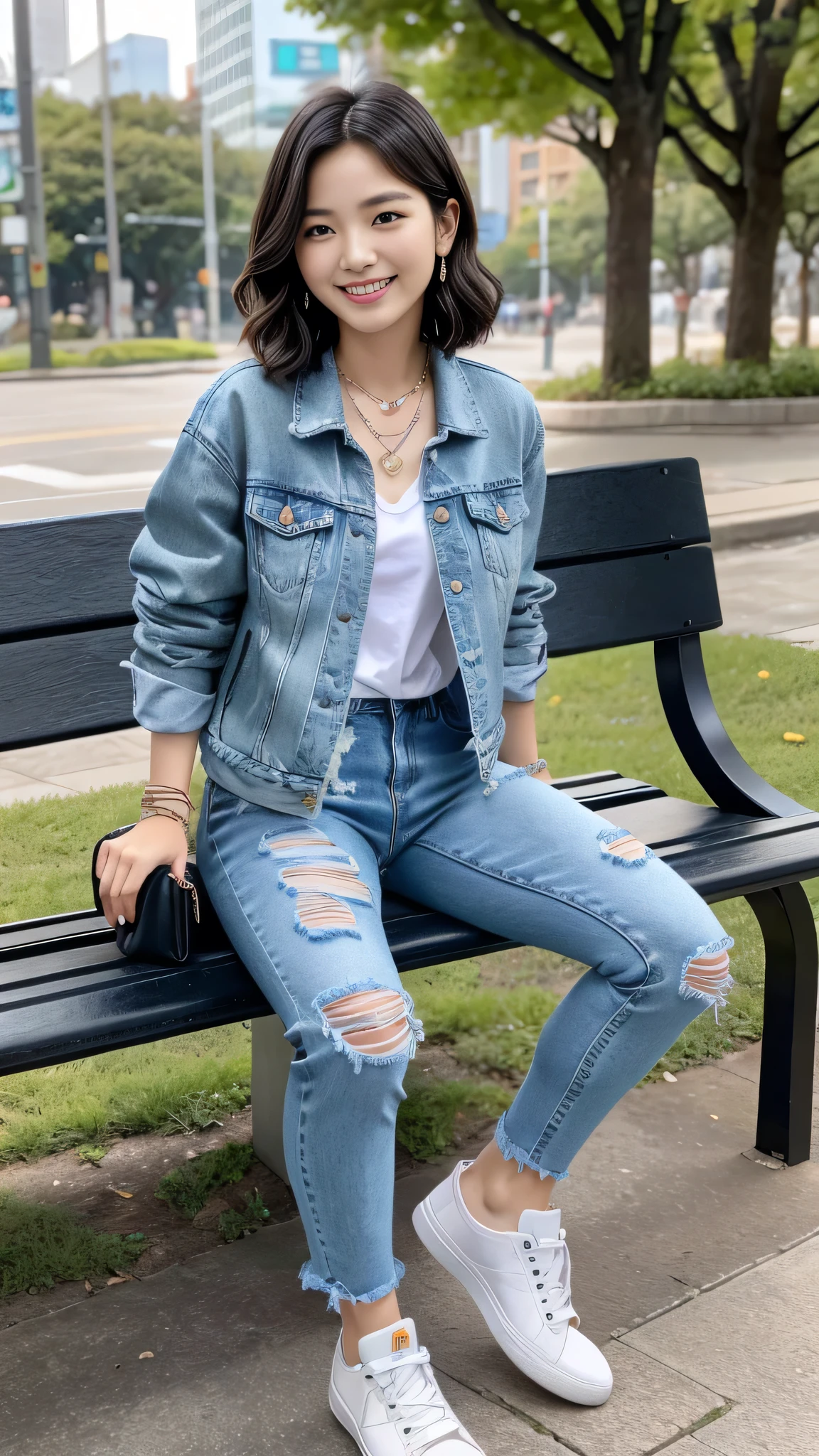 Super Resolution、Beautiful Korean Women、Full body photo、sitting on a park bench、Short Haircut、Wavy Hair、、ear piercing、necklace、Denim jacket、shirt、White jeans、sneakers、smile、Beautiful teeth alignment、