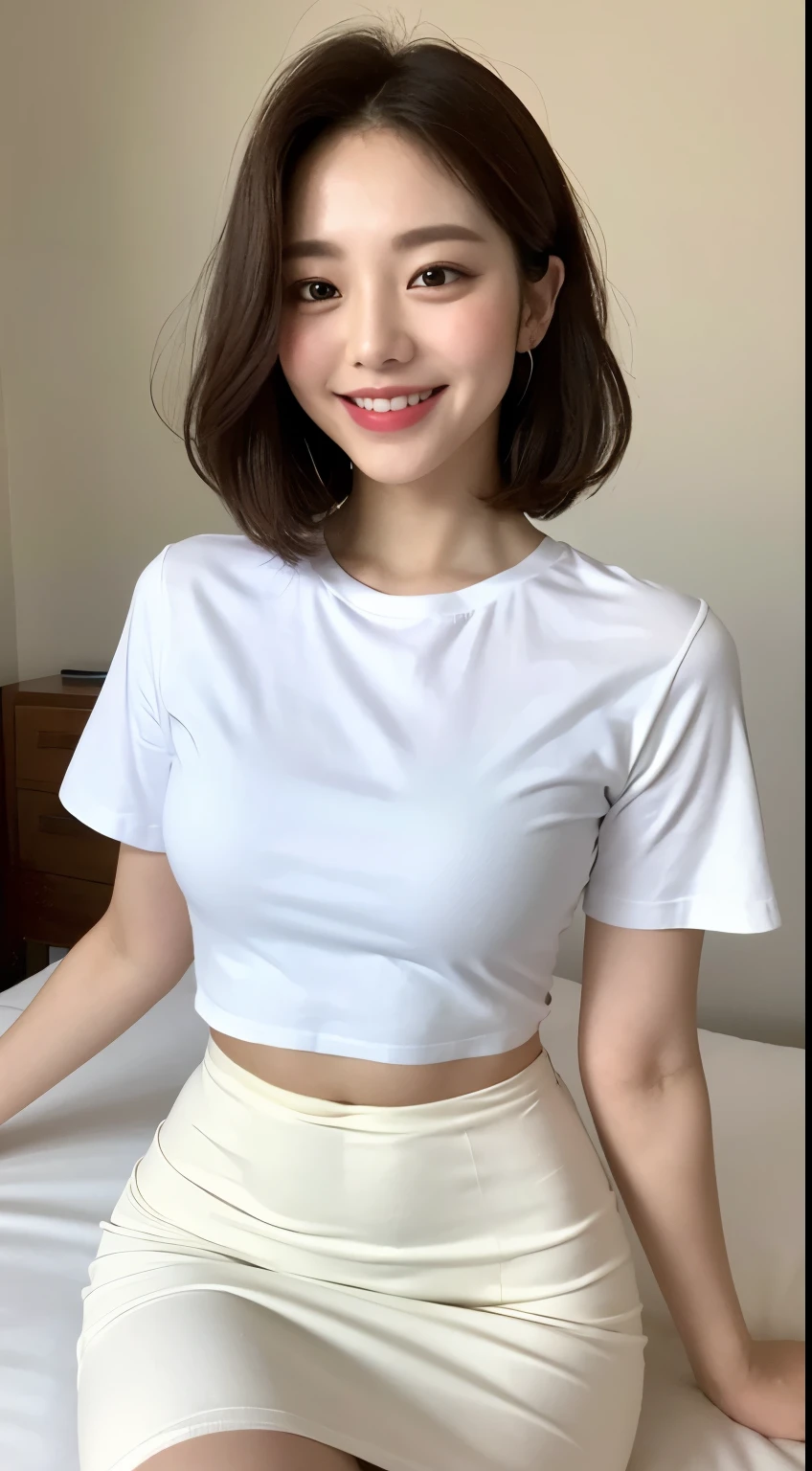 White tight shirt、White Mini Skirt、bed、smile、Short sleeve、High resolution、Korean idol face、double eyelid、White teeth、short hair