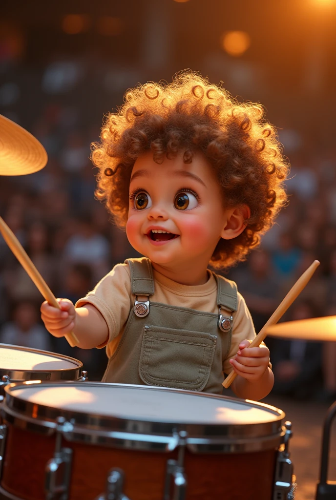 three-year-old playing a full drum set. skin fair, caramel curly hair, eyes browns, Round face.