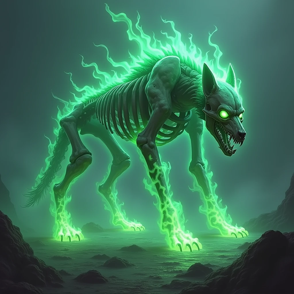 Skeletal wolf with green fire chains somewhat large for a game