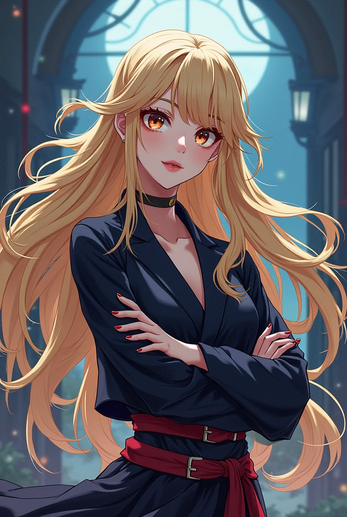 Make me a jujusukaisen character with these characteristics: that measures 1,68, that her hair is natural blonde that reaches her bust and has waves, big light brown eyes ,long eyelashes, big heart shaped lips, that your face is heart-shaped