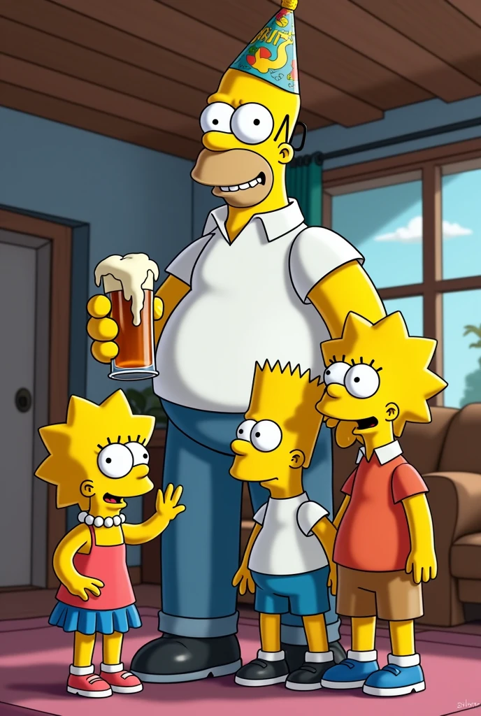Give me an image where Homer is with his children, a girl and two boys, with a beer and a birthday hat. 