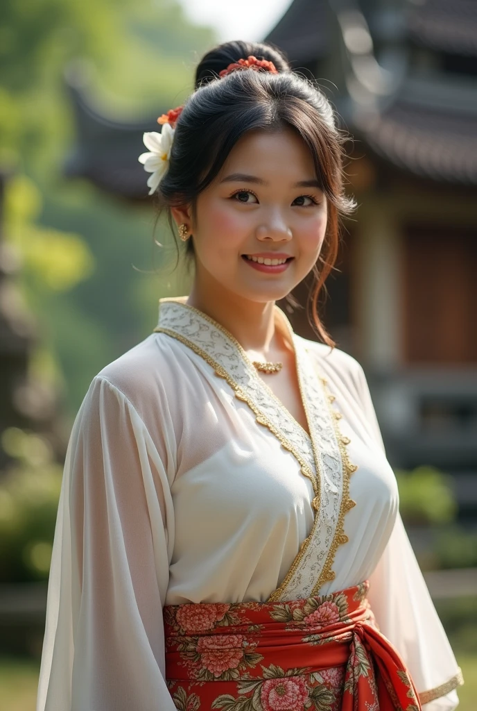 （hyperrealistic photo),(A high resolution), (ultra - detailed), beautiful indonesian woman, chubby, a jasmine flower on her ear, tied bun hair, sheer white kebaya with inticrate details, knee-lenght batik sarong with intricate floral details, looking at the viewer, natural light, wide angle full-body shot, bali temple in the background,